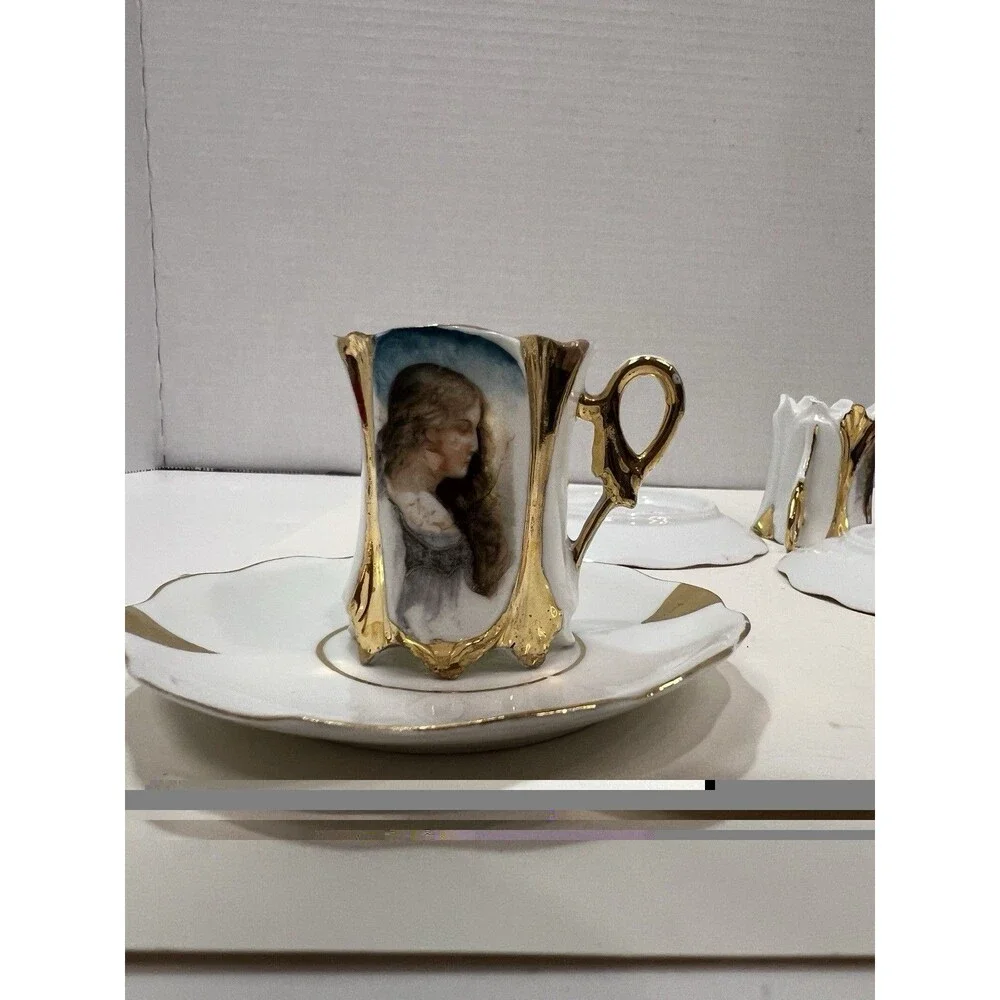 Vintage European Art Nouveau Portrait Demitasse Cups Saucers Mold 1066 Gilding